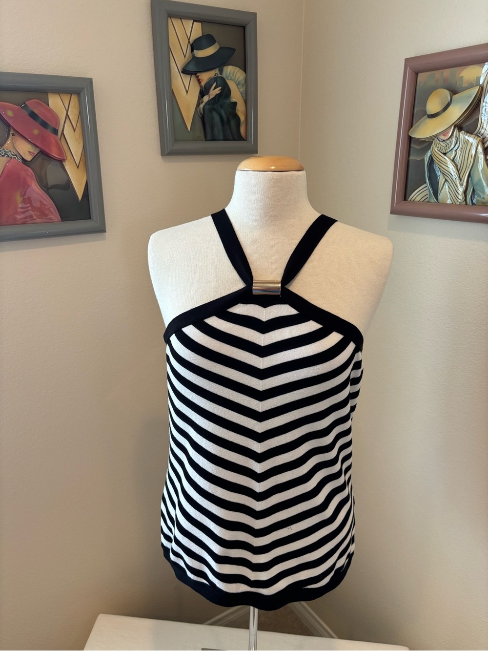 NEW. Cache Black & White Striped Halter-Style Camisole. Rayon and nylon.